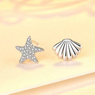 925 Sterling Silver Non-matching Rhinestone Starfish Shell Earring 1 Pair - Silver - One Size