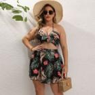 Plus Size Set: Floral Cropped Camisole Top + Mini A-line Skirt