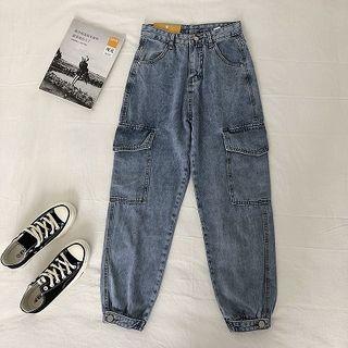 Plain High-waist Cargo Jeans