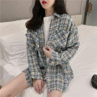 Long-sleeve Frayed Plaid Tweed Blazer Blue - One Size