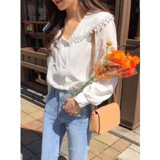 Crochet-trim Wide-collar Blouse Ivory - One Size