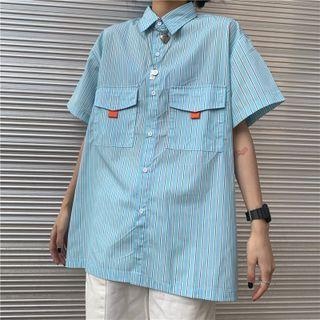 Short-sleeve Front Pocket Stripe Button-up Shirt As Shown In Figure - One Size