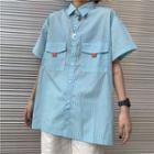 Short-sleeve Front Pocket Stripe Button-up Shirt As Shown In Figure - One Size