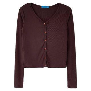 Long-sleeve V-neck Button-up T-shirt Coffee - One Size