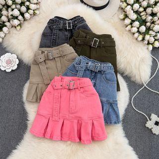 Belted Pleated Denim Skirt