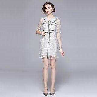 Short-sleeve Collar Star Embroidered Mini Sheath Dress
