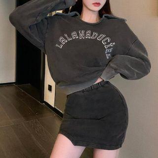 Collared Lettering Sweatshirt / Mini Pencil Skirt