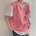 V-neck Plain Knit Vest Pink - One Size