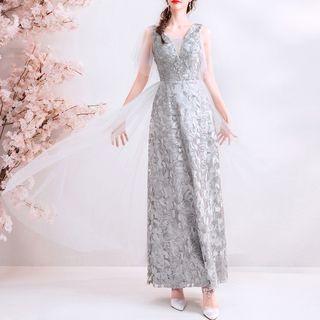 Short-sleeve Lace-up Back Ball Gown
