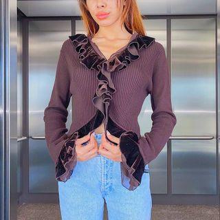 Ruffle Trim Plain V Neck Long Sleeve Top