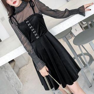 Set: Long-sleeve Top + Spaghetti Strap Mini Dress