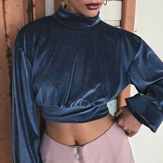 Mock-neck Cropped Velvet Sweatshirt