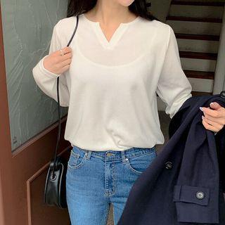 Plus Size Notch-neck Ribbed T-shirt