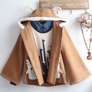 Rabbit Accent Knot Button Hooded Cape Jacket/ Mock Two-piece Animal Print Pullover/ Set