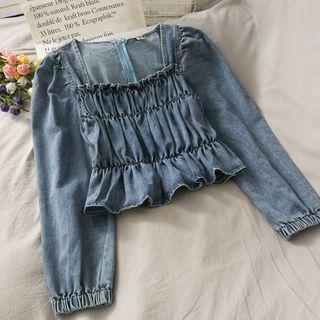 Square-neck Ruched Denim Crop Top Blue - One Size
