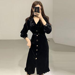 Ruffle Trim Long-sleeve Midi Collared Dress Black - One Size