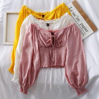 Boatneck Lace-trim Smocked Blouse