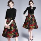 3/4-sleeve Floral Print Paneled A-line Dress