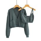Set: Cropped Knit Camisole Top + Cardigan Grayish Green - One Size