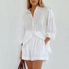 Set: Long Sleeve Striped Loose-fit See-through Shirt + Wide-leg Shorts