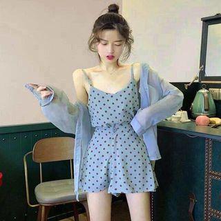 Set: Spaghetti Strap Polka Dot Top + Wide-leg Shorts + Long-sleeve Shirt