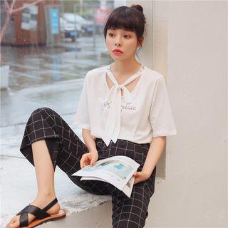 Elbow-sleeve Ribbon-neck Top