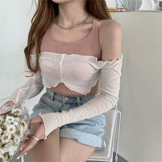 Set: Long-sleeve Crop Top + Camisole Top As Shown In Figure - One Size