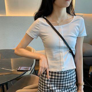 Short-sleeve Square-neck Button-down Top