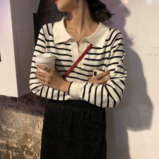 Long-sleeve Stripes Knit Polo Shirt White - One Size