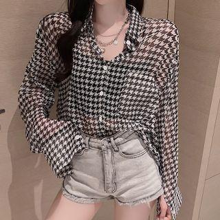Long-sleeve Retro Houndstooth Sheer Light Shirt As Shown In Figure - One Size