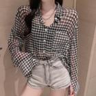 Long-sleeve Retro Houndstooth Sheer Light Shirt As Shown In Figure - One Size