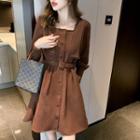 Long-sleeve Belted Button-up A-line Dress