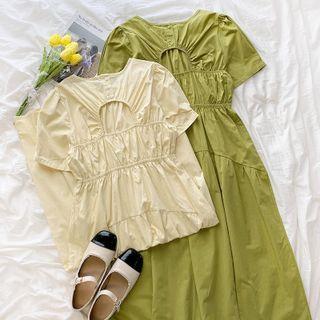 Short-sleeve Plain Cut-out Midi Dress