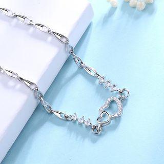 925 Sterling Silver Rhinestone Heart Bracelet 999 Pure Silver - White - One Size