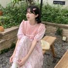 Puff-sleeve Floral Print Ruffled Midi A-line Dress Pink & White - One Size