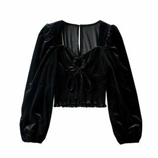 Long-sleeve Cropped Velvet Blouse