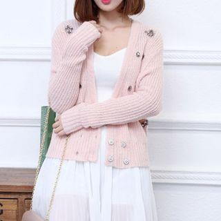 Paneled Buttoned Knit Cardigan Pink - One Size