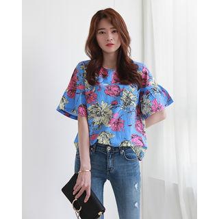 Short Bell-sleeve Floral Top