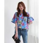 Short Bell-sleeve Floral Top