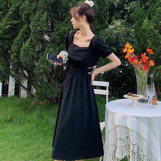 Puff-sleeve Square Neck Cutout-waist Midi Dress