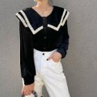 Long-sleeve Lace Trim Sailor Collar Top Black - One Size