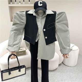 Set: Puff-sleeve Shirt + Buttoned-up Vest