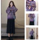 Patterned Sweater / Shirred Midi A-line Skirt / Set