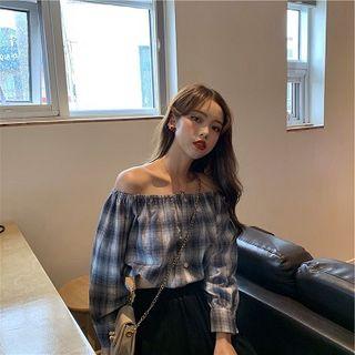 Long-sleeve Off Shoulder Plaid Top As Shown In Figure - One Size