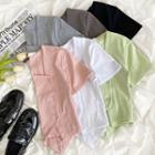 Short-sleeve Plain V-neck Asymmetrical Slit Cropped Top