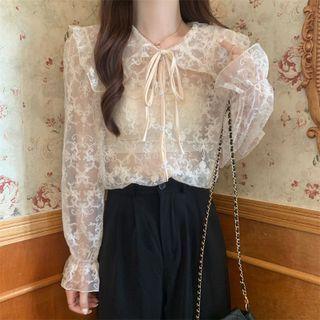 Long-sleeve Wide-collar Tie-neck Lace Blouse