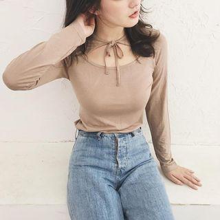 Plain Cutout-neck Slim-fit Long-sleeve T-shirt