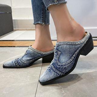 Block Heel Washed Denim Mules