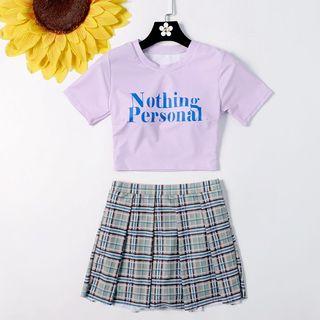 Set: Short-sleeve Lettering Swim Top + Plaid Swim Skirt