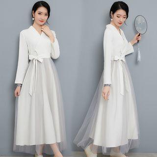 Long-sleeve Maxi Mesh-overlay A-line Dress